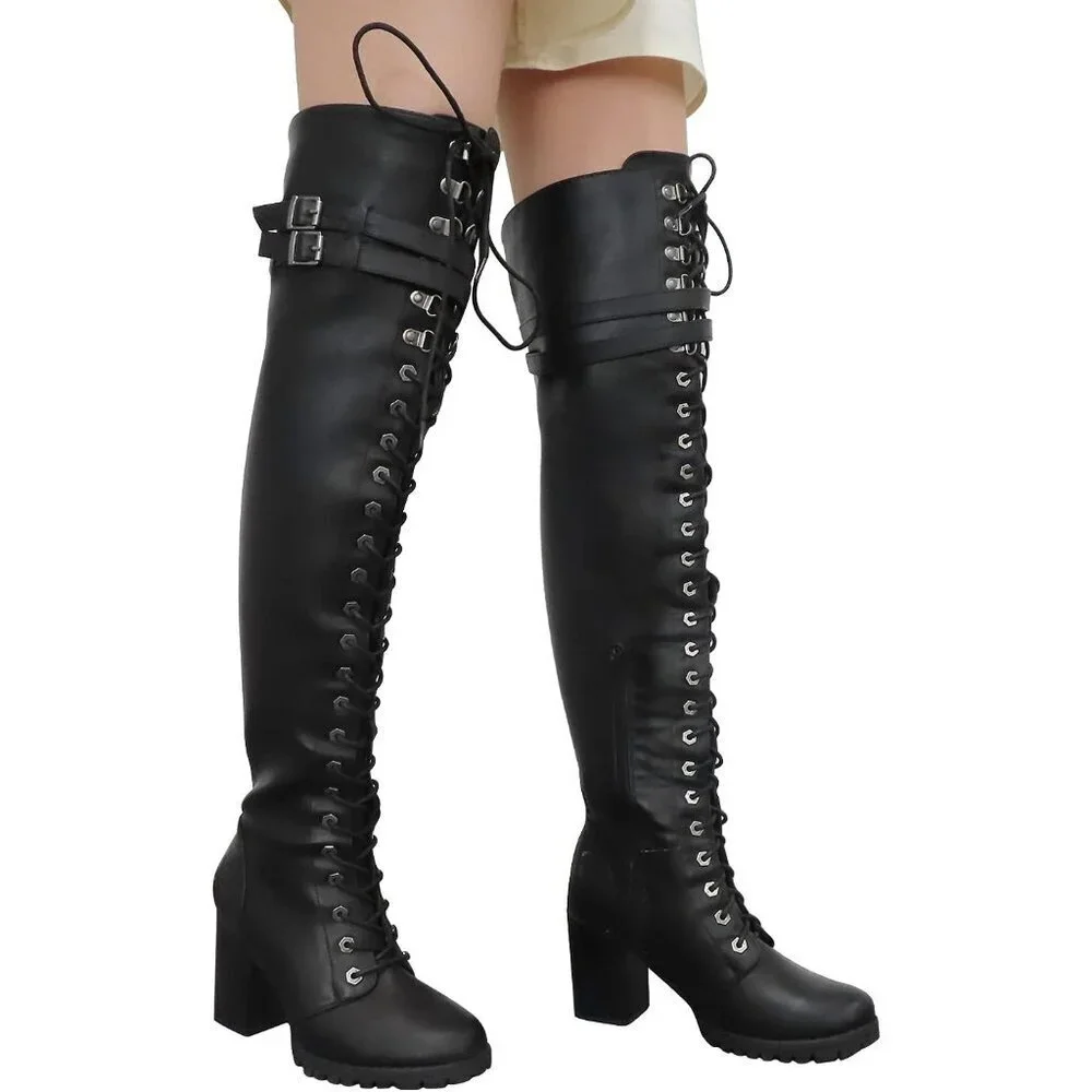 Women's Black Over The Knee Zip Buckle Soft Thigh High Lace Up Tall Boots